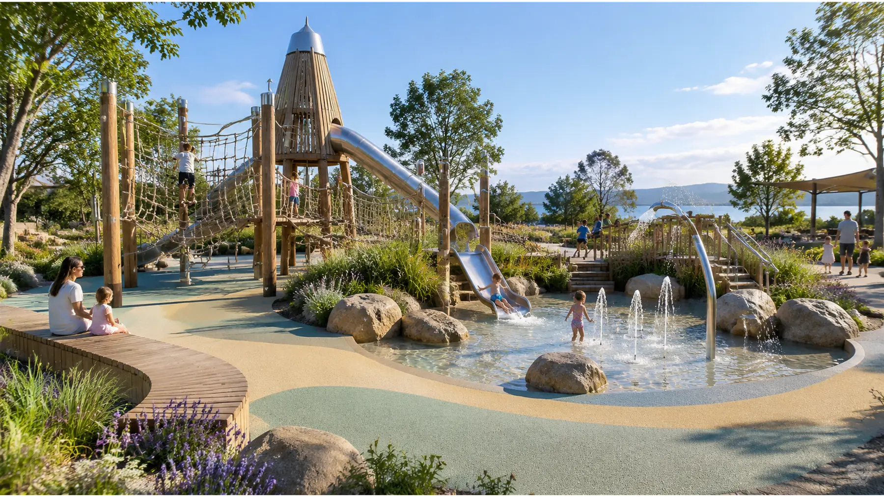 Illustrative visualisation of a bespoke landscape play environment with timber and steel play elements, a shallow water-play basin and integrated planting.