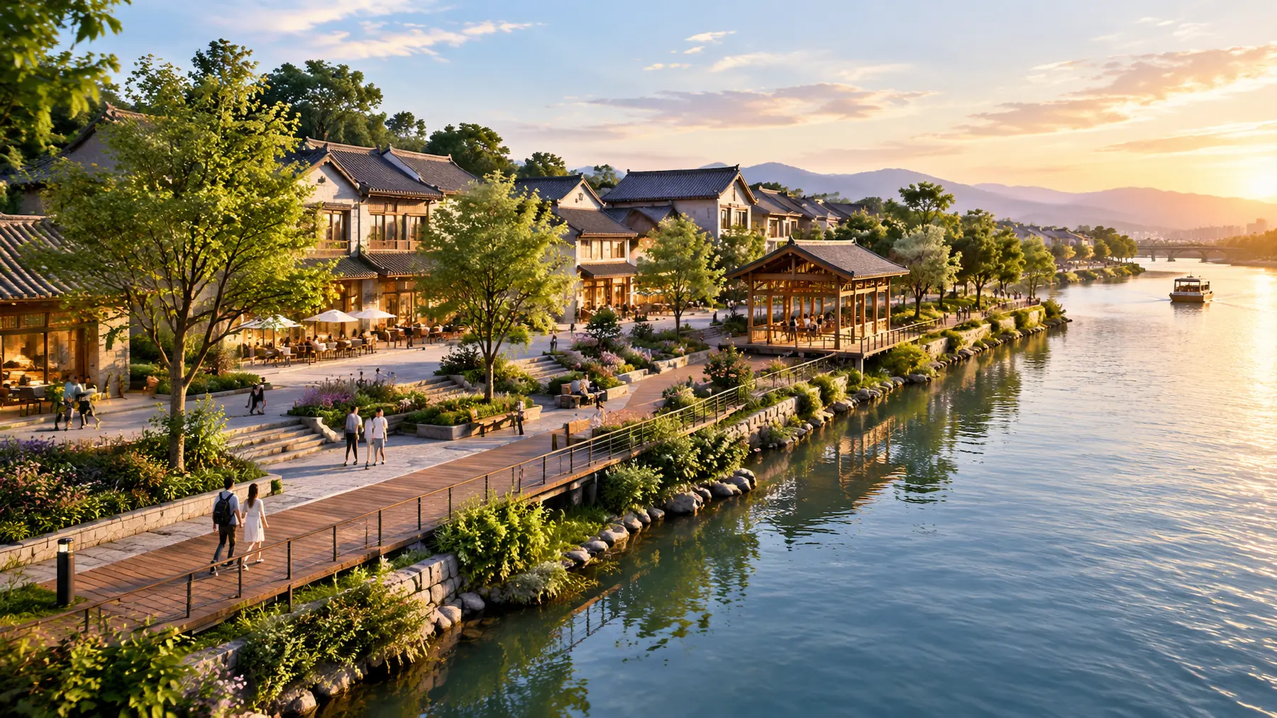 Illustrative visualisation of a revitalised riverside heritage quarter with a new public waterfront promenade, planted streets and a timber cultural pavilion.