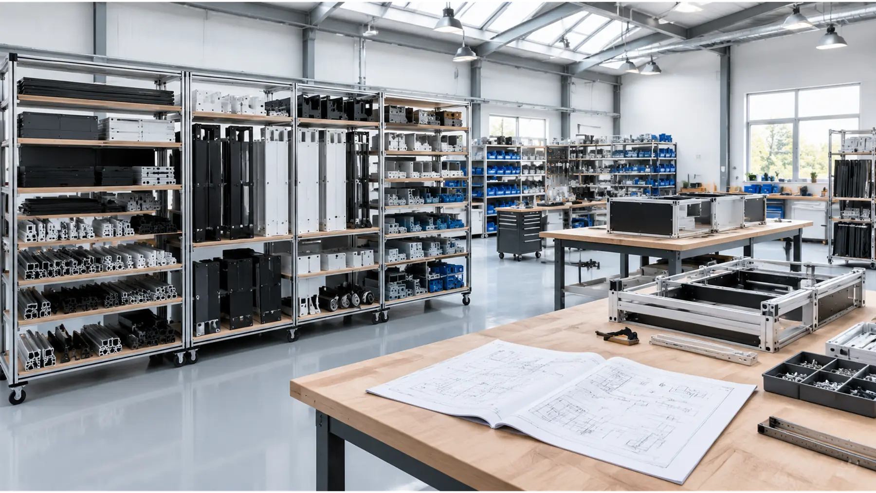 Illustrative photograph of a fabrication workshop where a bespoke product has been deconstructed into modules and semi-finished sub-assemblies.