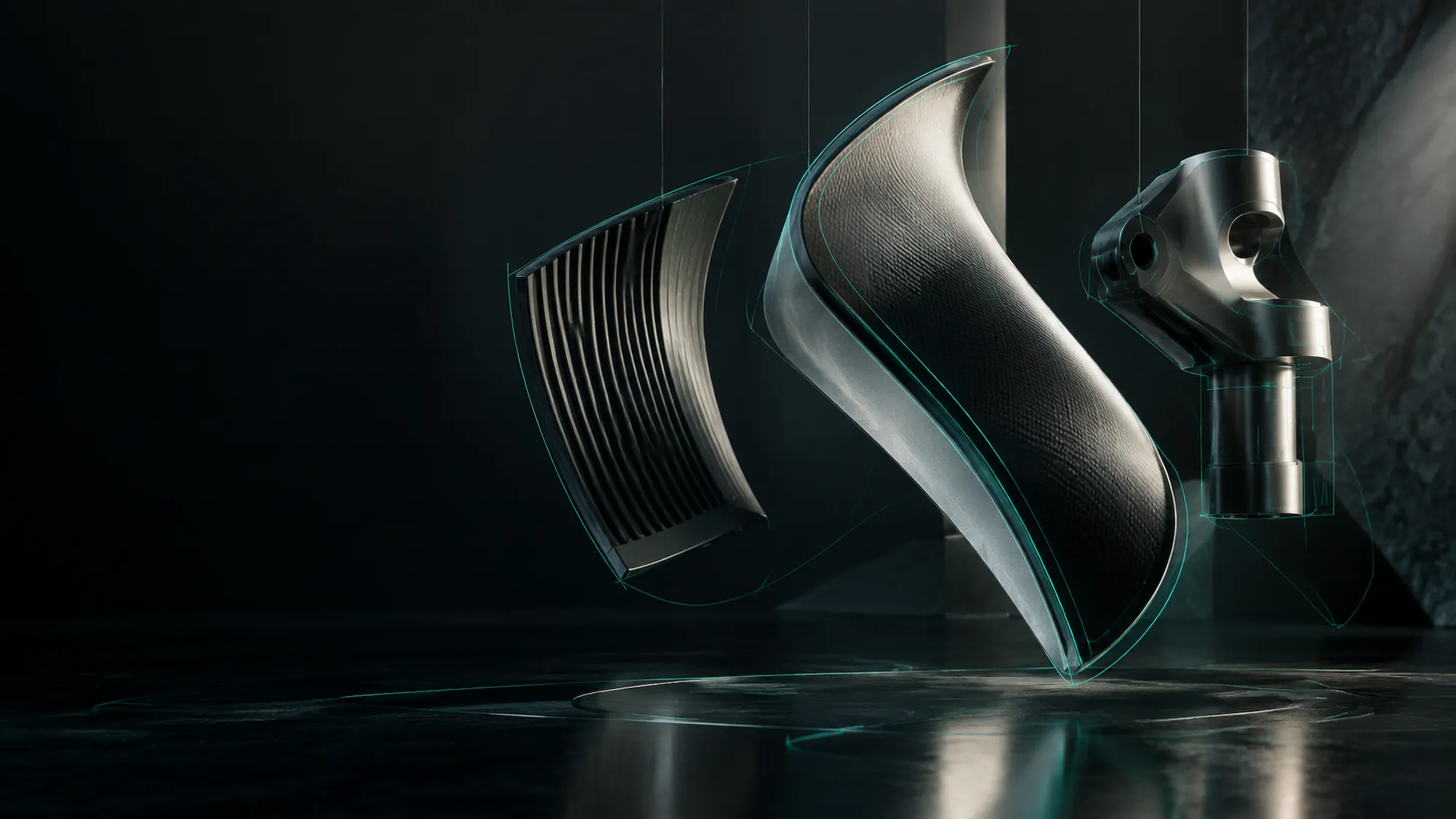 Generated concept artwork: sculptural material and form studies suspended above a dark reflective surface, traced with aqua contour lines.