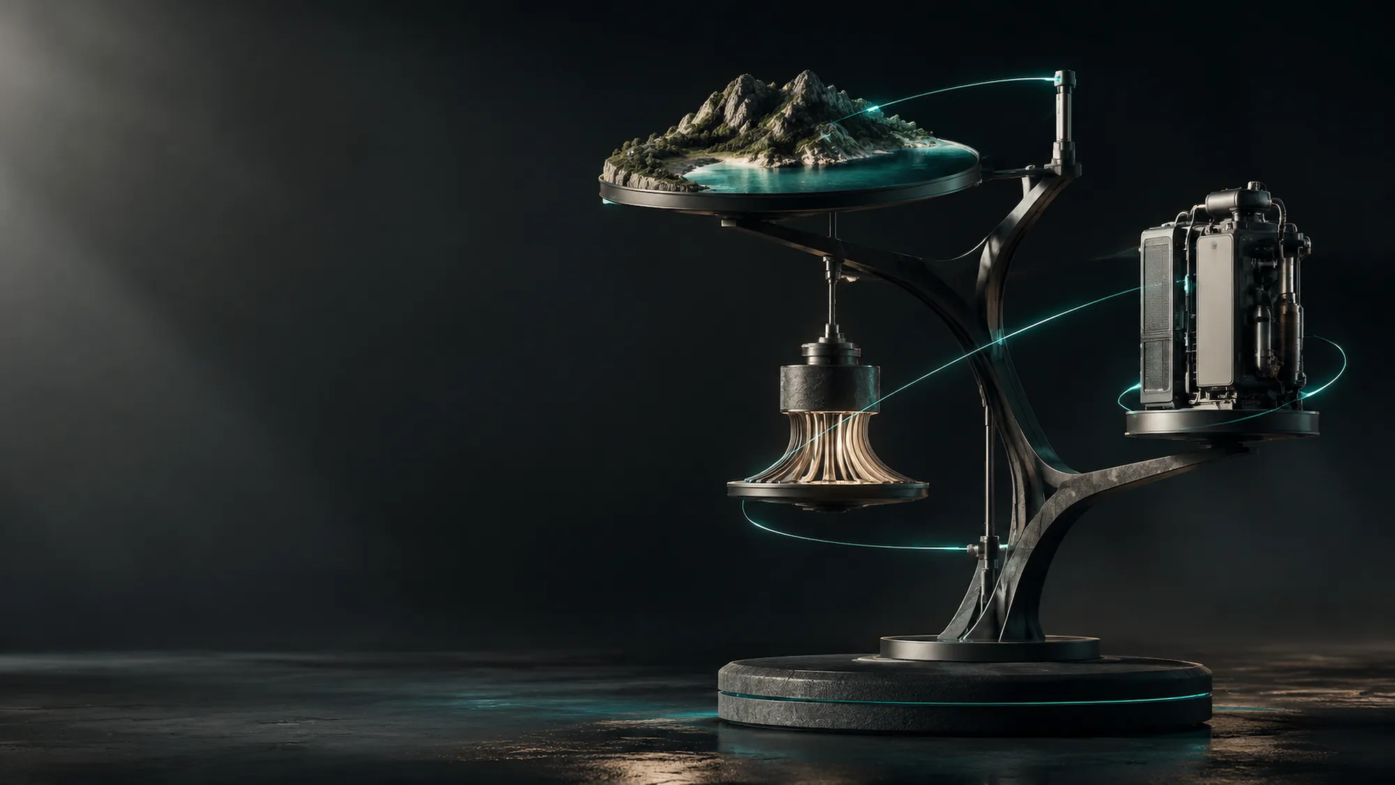 Generated concept artwork: a landscape plate, a bespoke fixture element and an equipment module mounted on one shared structural armature.