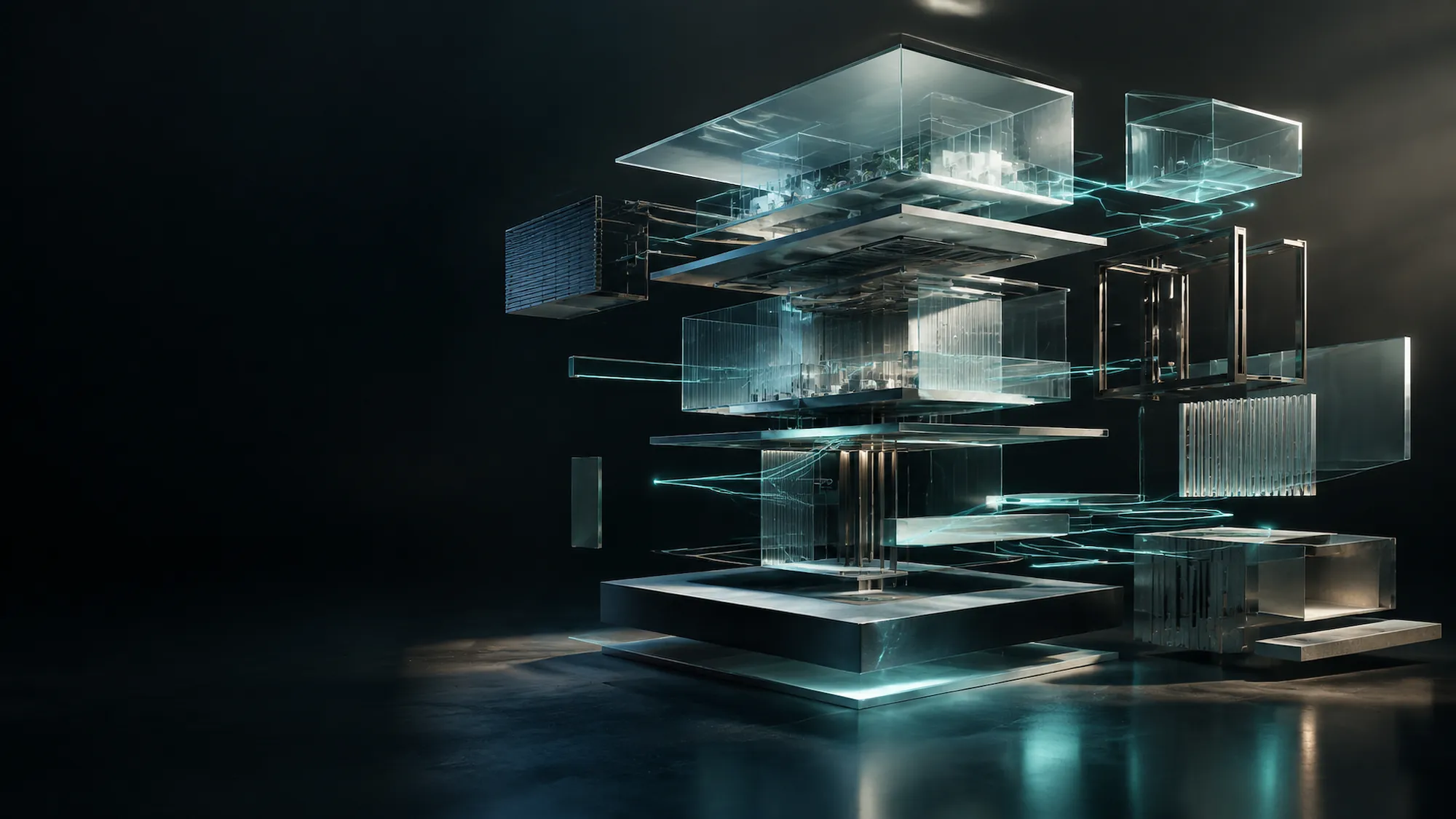 Generated concept artwork: an exploded axonometric assembly of translucent planning volumes threaded with aqua trajectory lines.