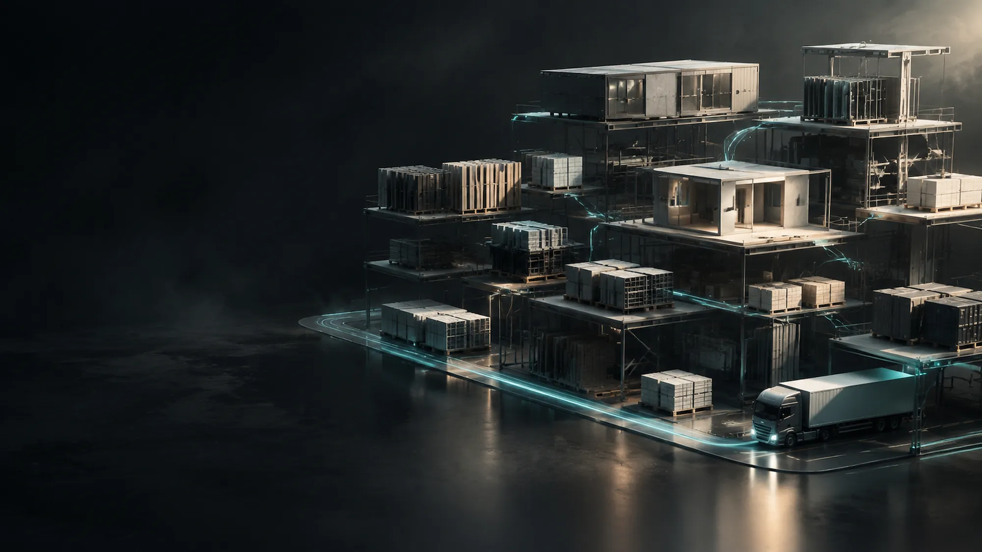 Generated concept artwork: indexed modular components stacked on structural frames, connected by aqua route lines.