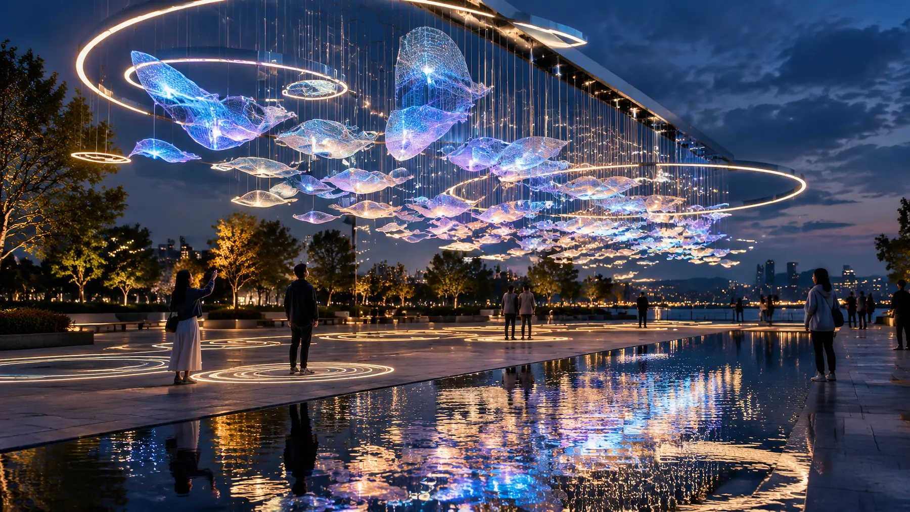 Concept render of a suspended array of luminous sculptural elements and rings of light above a public plaza at night.