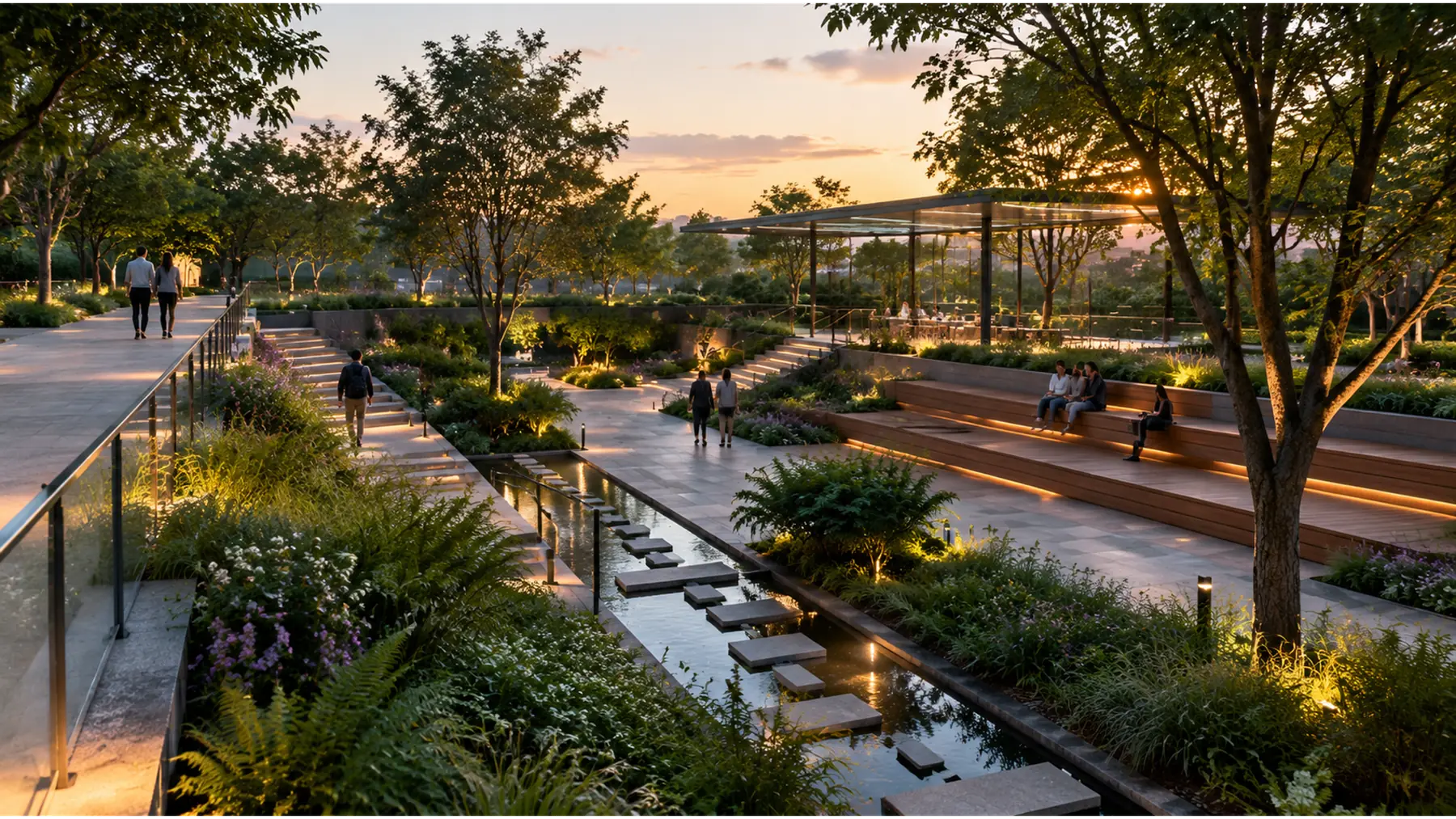 Concept render of a landscaped public realm at dusk with a sunken garden, linear water channel, stepped timber terraces and a steel-and-glass canopy.