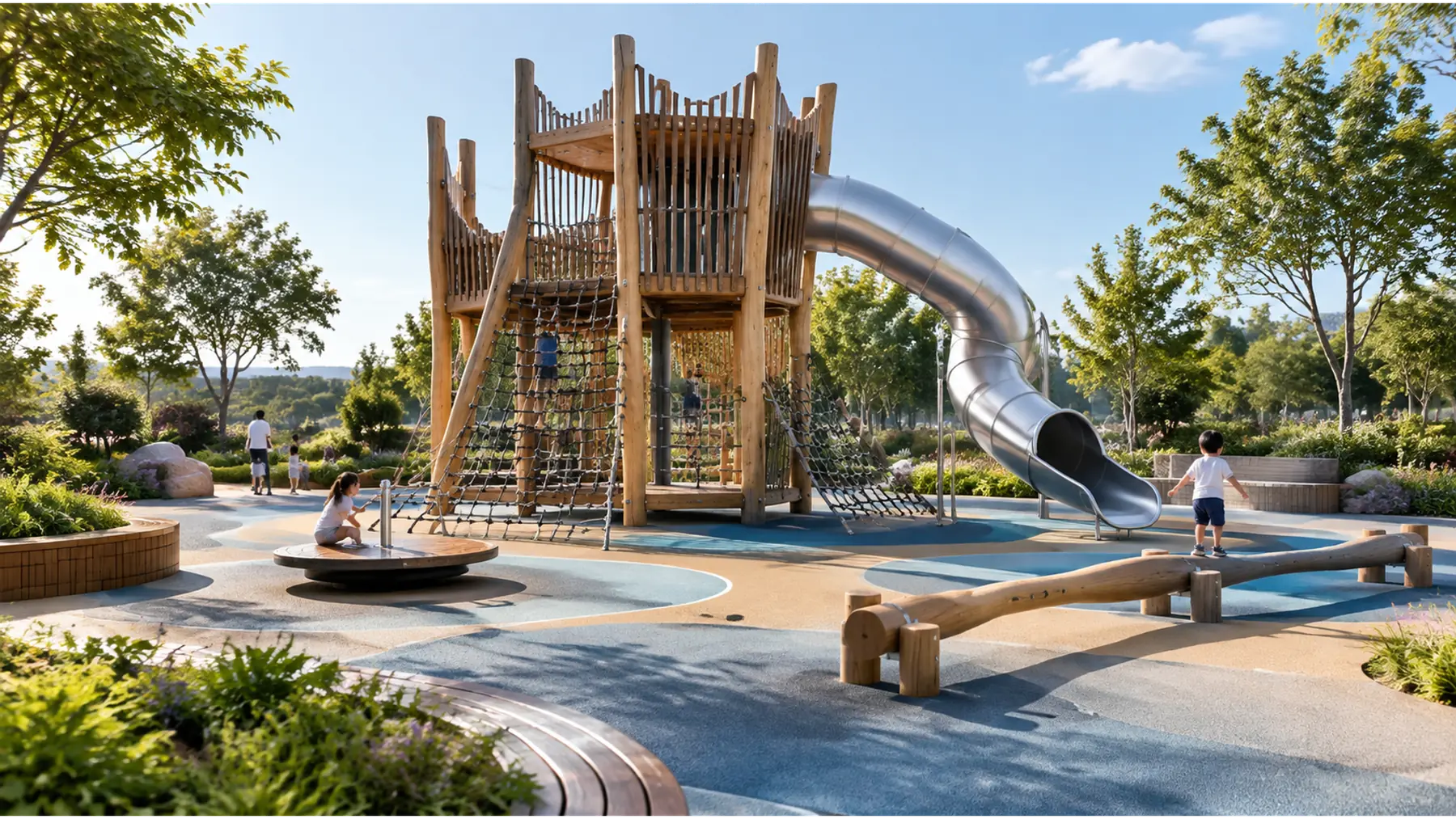 Concept render of a family of bespoke play elements — a timber climbing tower, a stainless tube slide and a spinning platform — in a landscaped park.