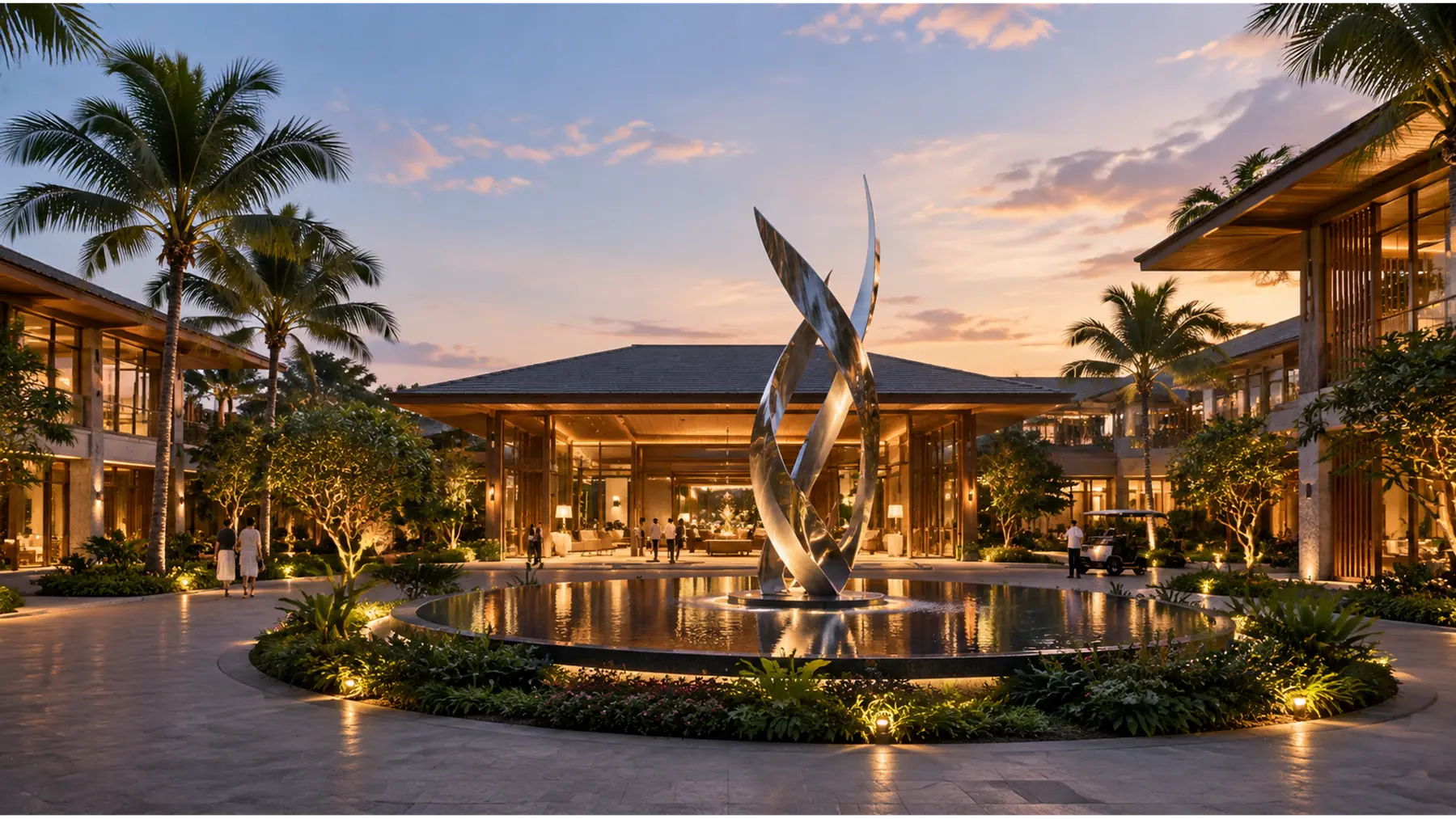 Concept render of a resort arrival courtyard at dusk, with timber and glass pavilions, a polished metal sculpture and a reflecting water basin.