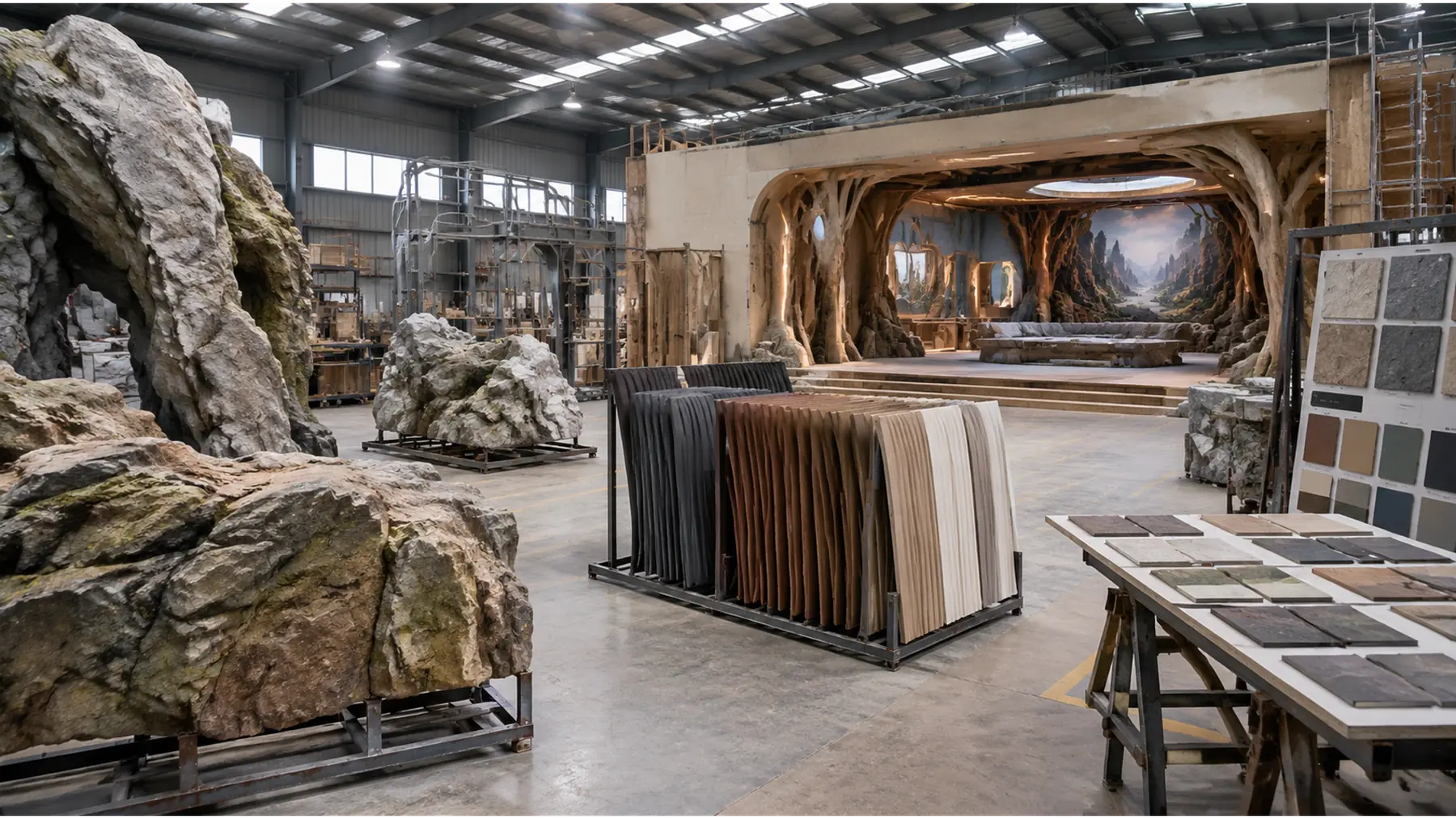 Concept render of a themed environment in fabrication — sculpted rockwork forms, ribbed panels and finish samples on steel frames in a workshop.