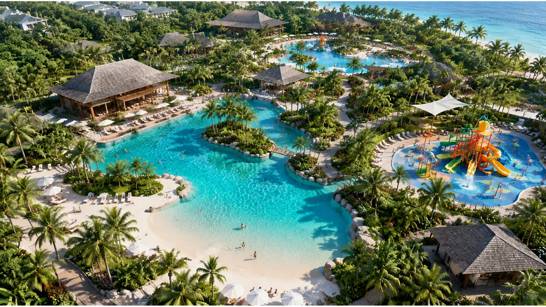 Concept aerial render of a tropical resort with turquoise lagoons, low-rise pavilions and a dedicated water-play zone.