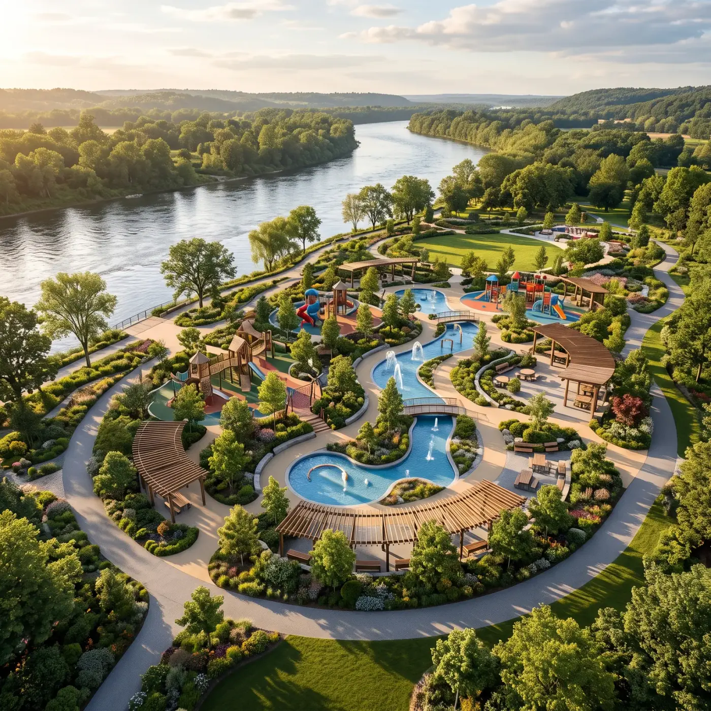 Aerial concept render of a parent-child leisure destination beside a river, with a water-play area, shaded seating, winding paths and planting.