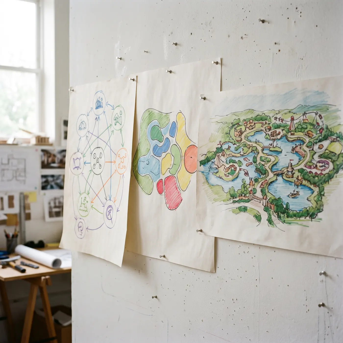 A studio wall of pinned concept sheets: a bubble diagram of zones, a zoning plan and a colour rendering of a themed park.