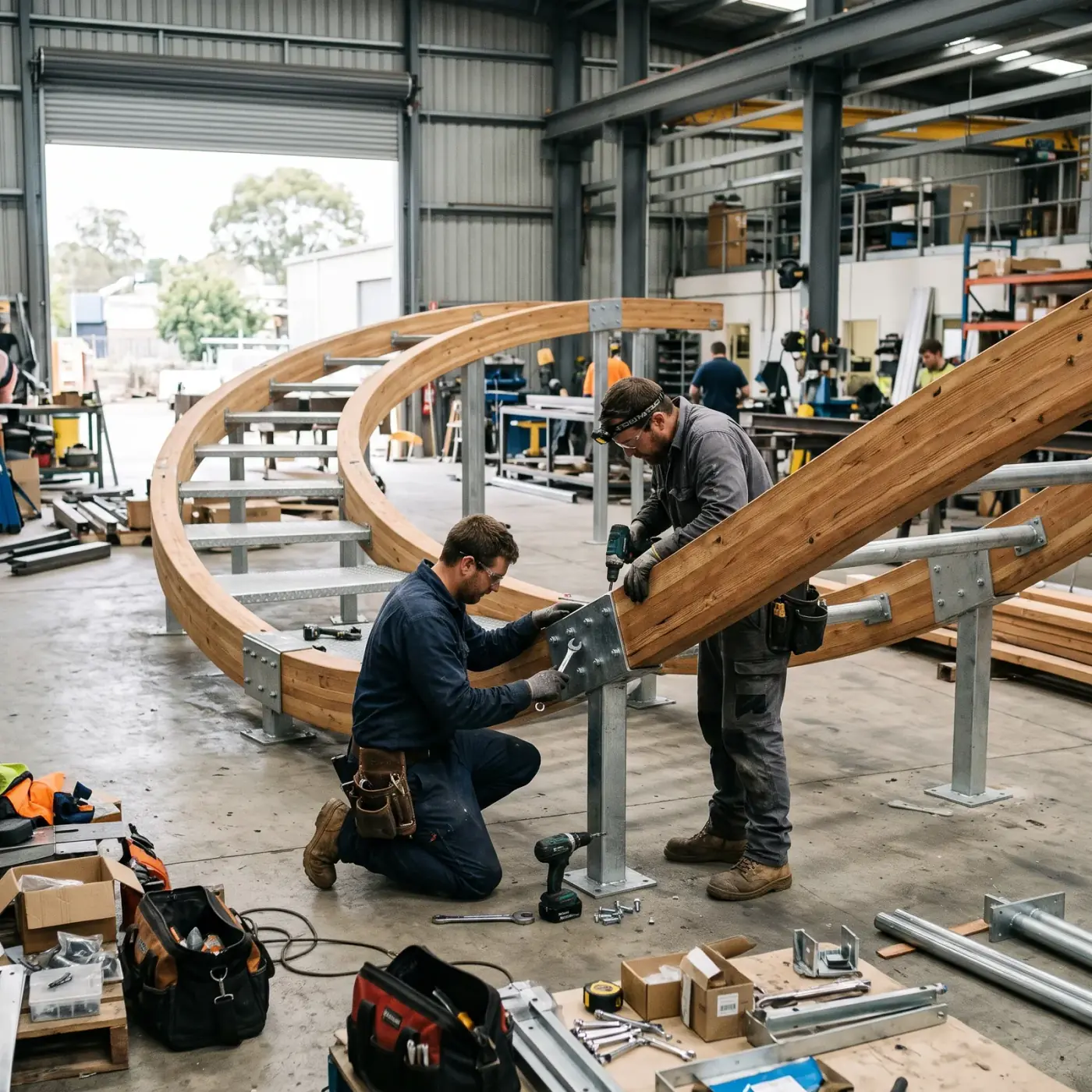 Two workers assembling curved timber and steel playground components in a workshop.