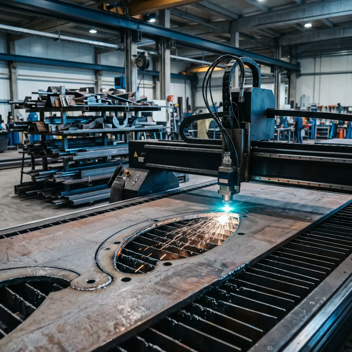 A laser cutting head tracing a curved profile into a steel plate, sparks along the cut line.