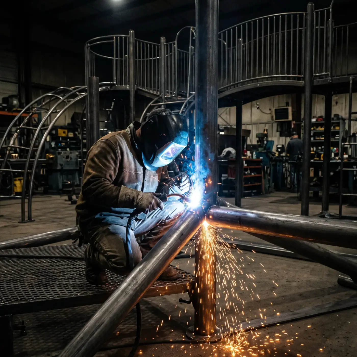 A welder in a protective helmet joining a steel joint on a large custom playground frame, arc light and sparks.